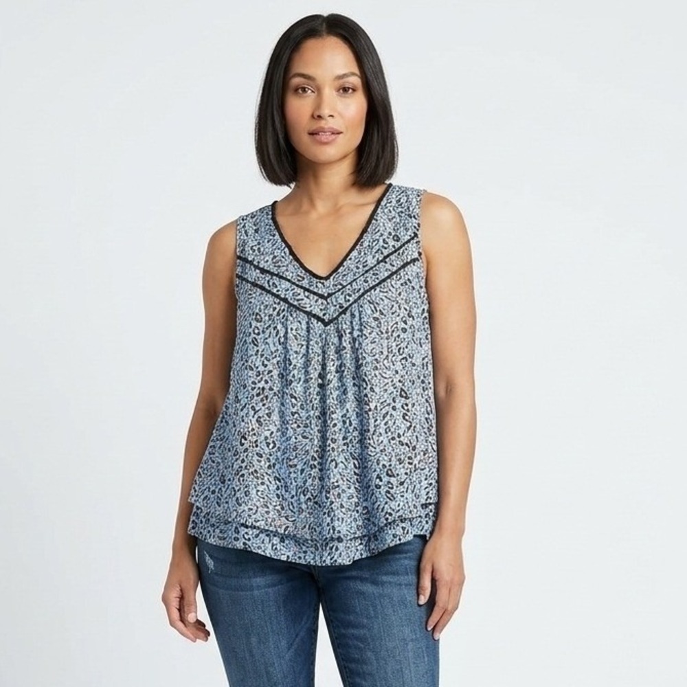 Democracy Blue Leopard Print Sleeveless V-Neck Blouse Top B3267GO3E Size L
